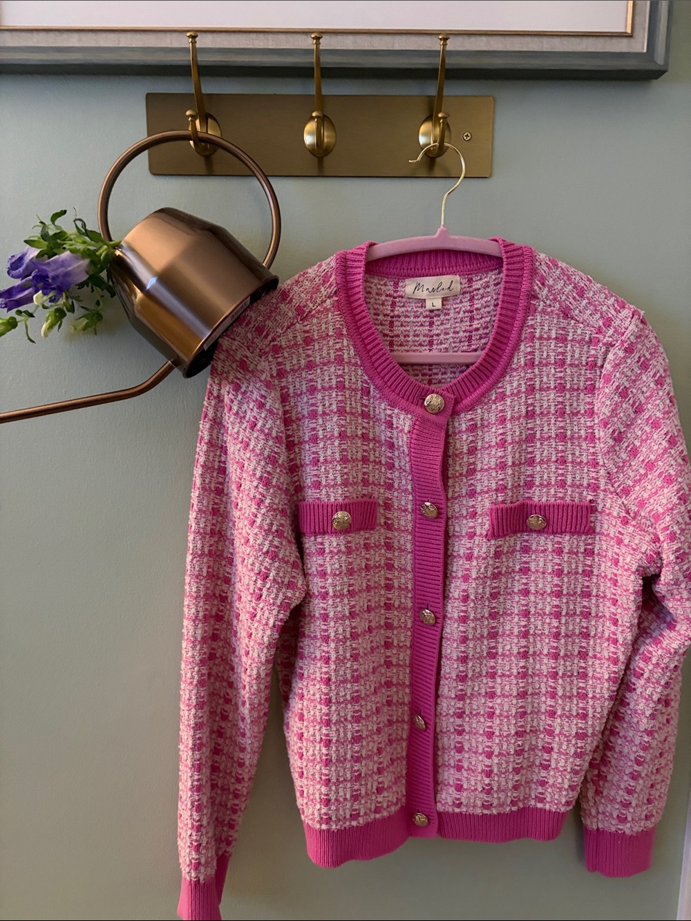 MIA Pink & White Tweed Button-Front Cardigan